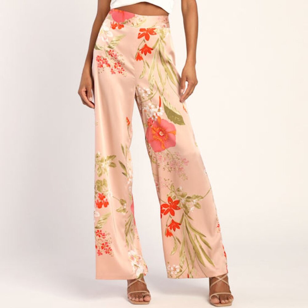 Light Pink Floral Print Satin Wide-leg Pants
